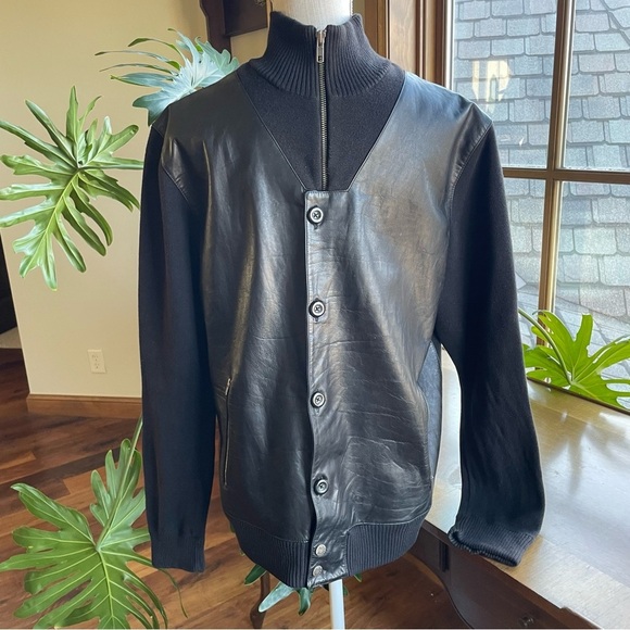 Tre Vero Men's Black Leather Sweater Jacket Button Front Stand Collar size L - Picture 2 of 14